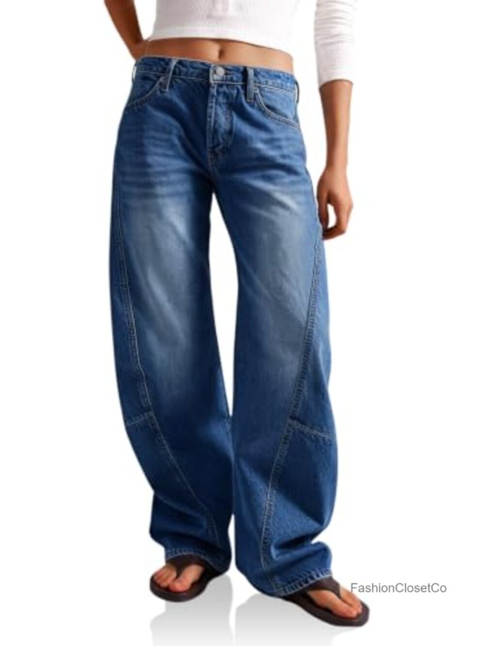 High Waisted Wide Leg Baggy Jeans Cotton Blend Stretchy Seam Detail Denim Pants